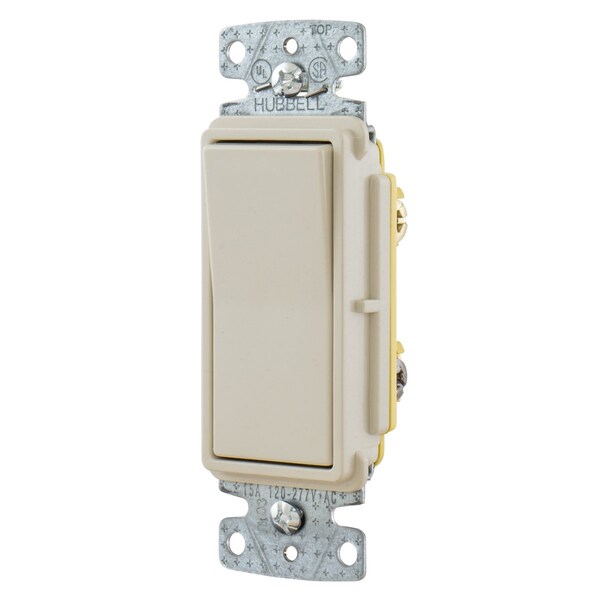 Hubbell Wiring Device-Kellems TradeSelect, Switches and Lighting Controls, Decorator Switch, Residential Grade, Rocker Switch, General Purpose AC, Three Way, 15A 120/277V AC, Push Back and Side Wired, Light RSD315LA - main